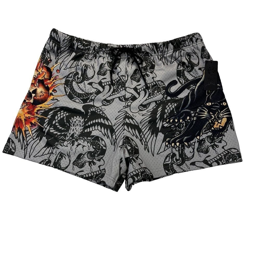 NWT Ed Hardy Shorts Mens XL 38x5 Skull Panther Mesh Tattoo‎ Stretch Drawstring